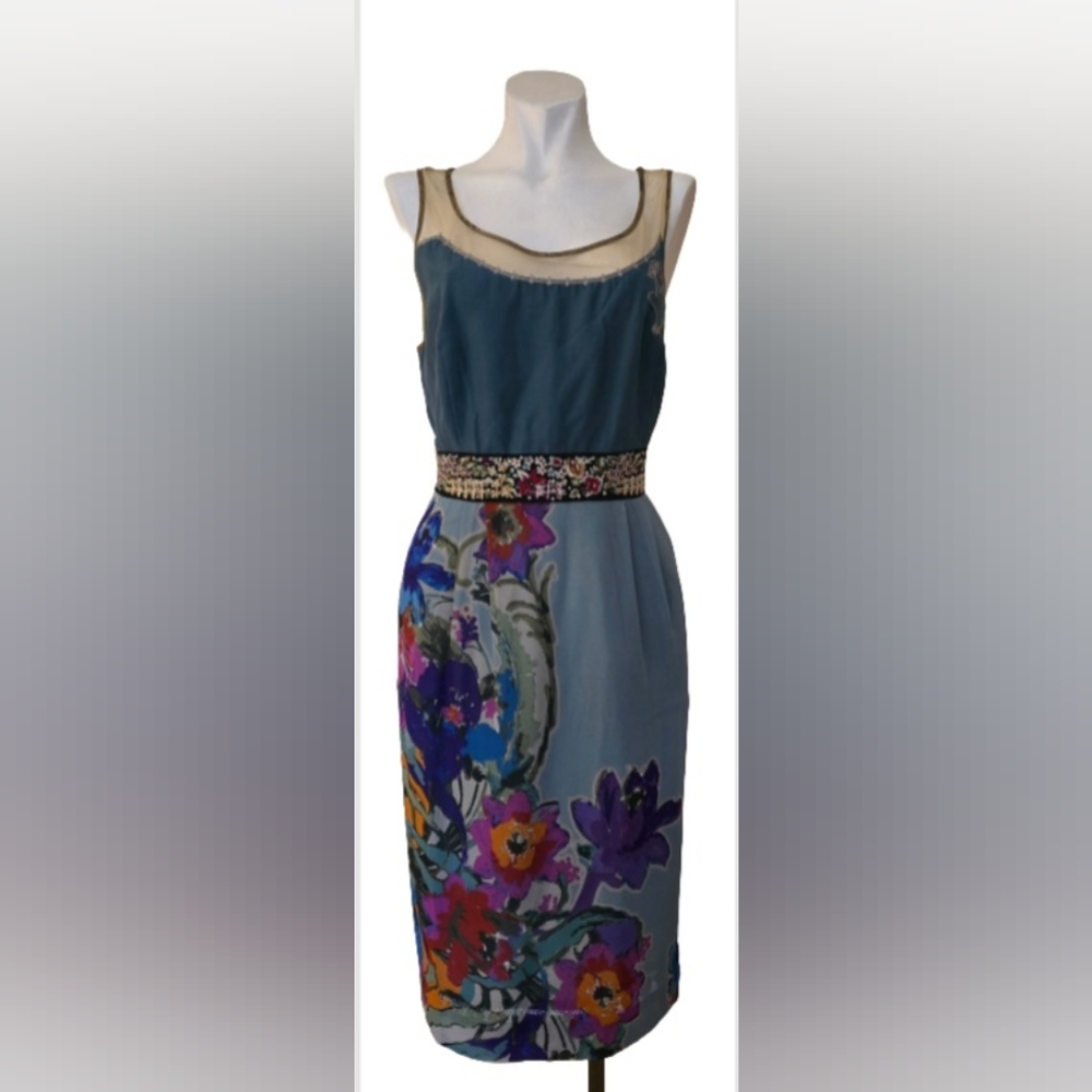 Floreat Anthropologie  Dress Embroiderd Colorful Floral 100% Silk